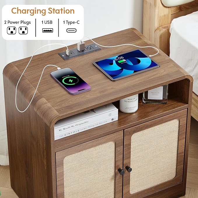 24" Large Side Table with Charging Station, Mid Century Modern End Table with USB/Type-C Ports, Curved Wood Nightstand with Storage & Natural Linen, Couch Side Table for Living Room Bedroom, Walnut-Ruum Studio Home