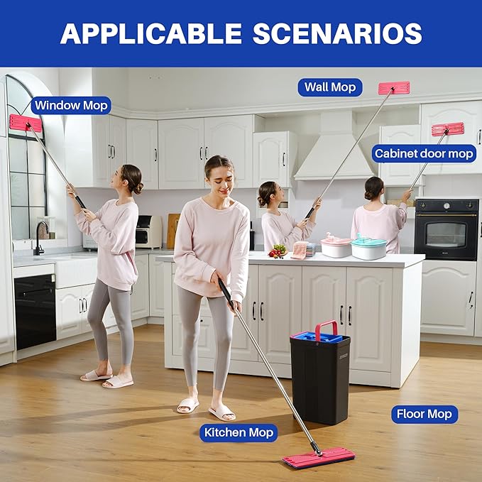 JOYMOOP Mop and Bucket with Wringer Set, Hands Free Flat Floor Mop and Bucket, with 6 Washable Microfiber Pads, Wet and Dry Use, Floor Cleaning System - Black+Red+Slate Blue-Ruum Studio Home
