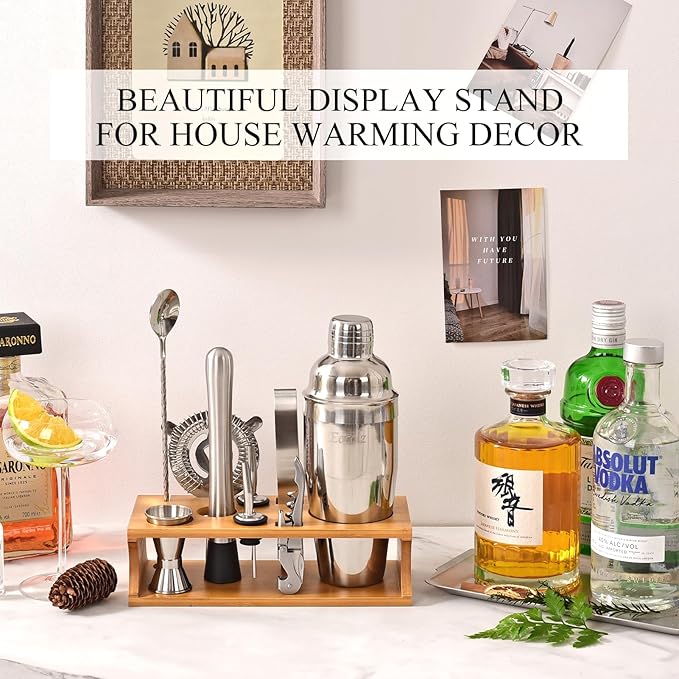 Bartender Kit Cocktail Shaker Set with Stand Bar Tool Bar Set for Drink Mixing Home Bartending Kit 11-Piece Bar Cart Accessories: Martini Shaker, Mixer Spoon, Jigger, Muddler, Strainer & Recipes Gifts-Ruum Studio Home