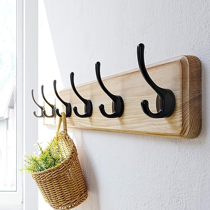 Dseap Coat Rack Wall: 24" Long, Patented, Heavy-Duty, 6-Double-Hooks Wooden Wall Mounted Coat Rack Coat Hanger Hook Rail for Winter Coats Hat Jacket Clothing, Light Brown, Pack of 2-Ruum Studio Home