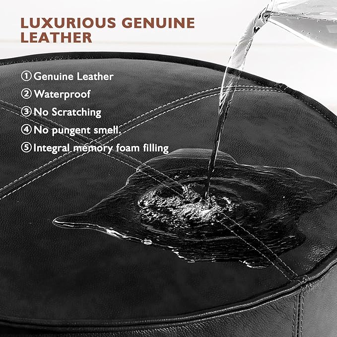 Round Leather Ottoman,Handmade Stuffed Ottoman,Genuine Leather Pouf, Foot Rest Pouf,Comfortable Soft Seating for Living Room & Bedroom (Black, Round)-Ruum Studio Home