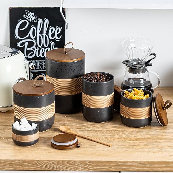 Small Ceramic Jar with Lid, Coffee Container Kitchen Food Storage Jars for Spice Sugar Tea Bag Matcha Container Airtight, Stacairtightkable Decorative Jars for Countertop, Black & 5oz-Ruum Studio Home