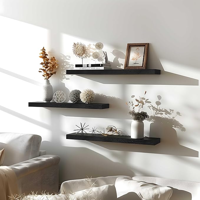 24 Inch Floating Shelves for Wall Rustic Black Wood Wall Shelves for Bedroom Set of 4-Ruum Studio Home