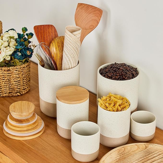 Yangbaga Canister Sets for Kitchen Counter, 40 OZ Large Ceramic Food Storage Jars with Airtight Wood Lids, Large Kitchen Canisters for Coffee, Sugar, Tea, Flour, Spice Visit the Store-Ruum Studio Home