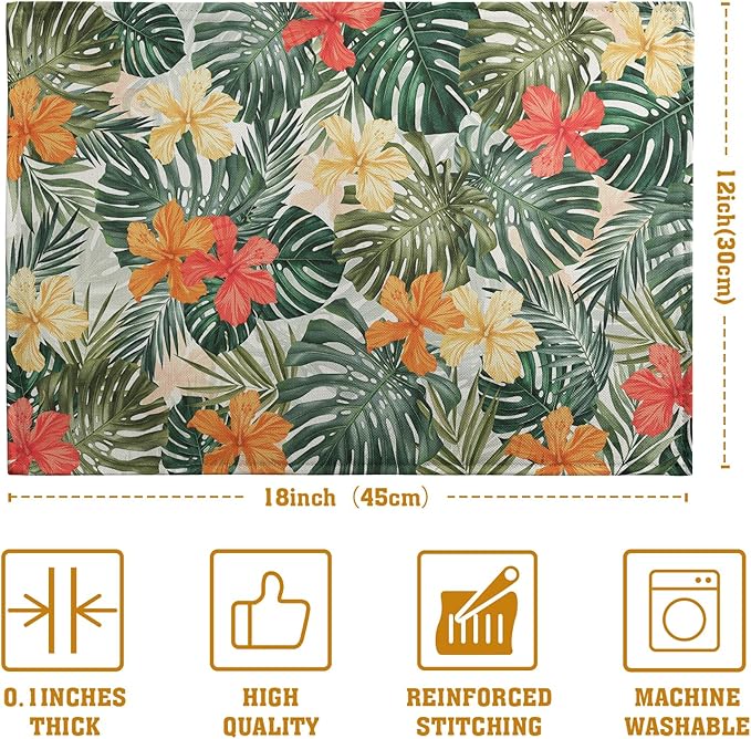 Tropical Palm Leaves Table Mats Set of 4 Summer Watercolor Hibiscus Flower Leaf Placement Mats for Dining Table Washable Non-Slip Heat Resistant Linen Place Mat 12×18 Inch-Ruum Studio Home
