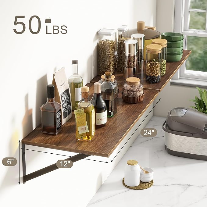 Deep Floating Shelves, 12 Inch Deep Floating Shelves for Wall, 24"W x 12"D Wall Shelves for Books, Large Rustic Wooden Shelf, Wide Display Shelf for Bathroom, Living Room, Walnut Color, Set of 2-Ruum Studio Home