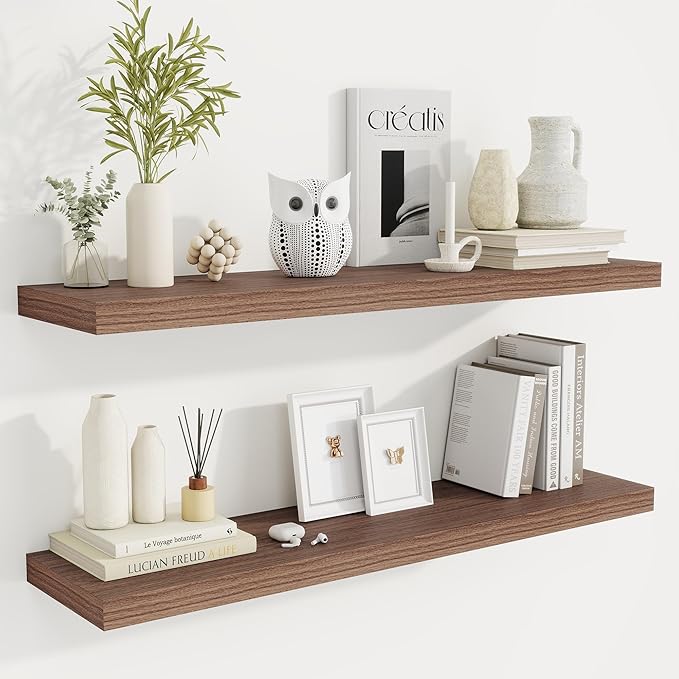 Fun Memories 40" Rustic Wood Floating Shelves with Invisible Brackets for Storage & Decor, Deep Wall Mounted Shelves for Bathroom, Kitchen, Living Room (Walnut, Set of 2)-Ruum Studio Home