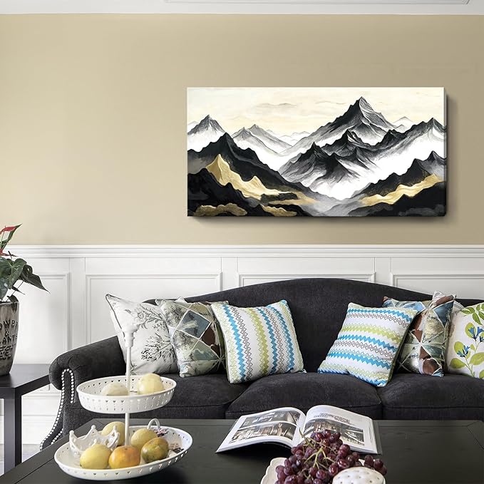 amatop Large Abstract Mountain Wall Art for Living Room Office Bedroom Modern Landscape Canvas Art Print Inspirational Artwork Horizontal Black Gold and White Nature Picture Wall Decor 48x24 Inch-Ruum Studio Home