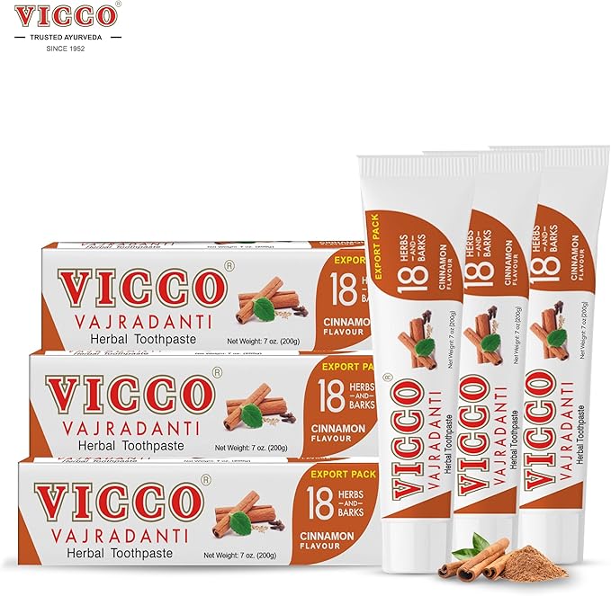 Vicco Vajradanti Ayurvedic Herbal Toothpaste by Vicco – 70 Year Legacy of Ayurveda, Cinnamon Flavour, with 18 Ayurvedic Herbs & Barks, 100% Natural, Vegan, Fluoride-Free & Cruelty-Free – 7 oz (3 Pack)-Ruum Studio Home