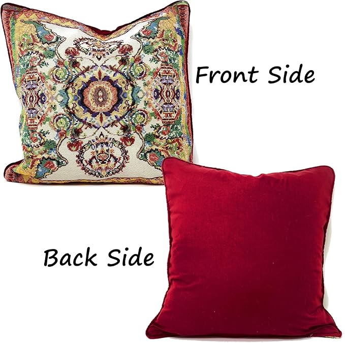Tache Rococo Elegant Ornate Ivory Colorful Paisley Cotton Linen 18x18 Tapestry Woven Cushion Throw Pillow Cover 2 Pieces-Ruum Studio Home