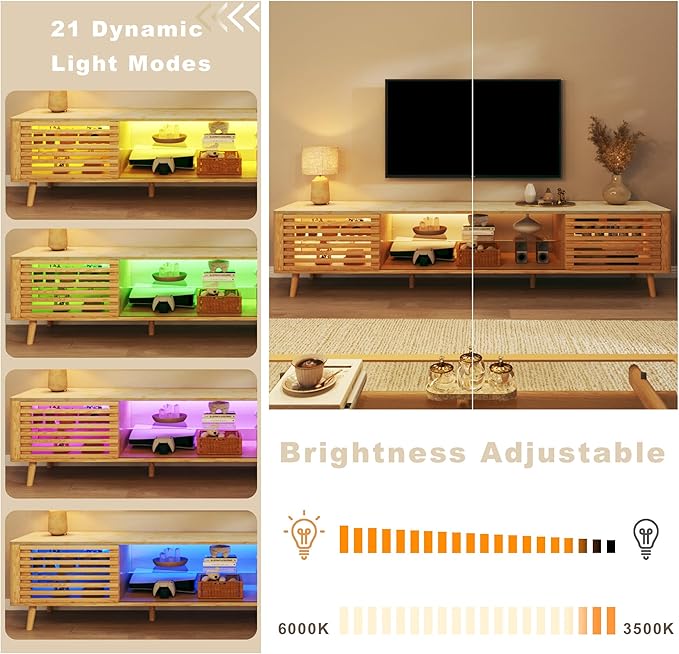 70" Mid Century Modern TV Stand for 55/65/75 Inch TV, Faux Marble Top Entertainment Center with Slatied Sliding Door & LED Lights, Low TV Console with Glass Shelves for Bedroom, Living Room-Ruum Studio Home