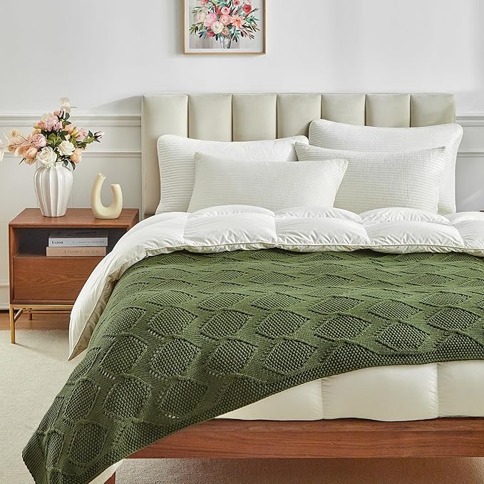 Longhui bedding Chunky Cotton Knit Throw Blanket for Couch, Sofa, Bed, or Chair, Decorative Breathable Fall Cable Knit Blanket 51 x 63 Inches, Olive Green-Ruum Studio Home