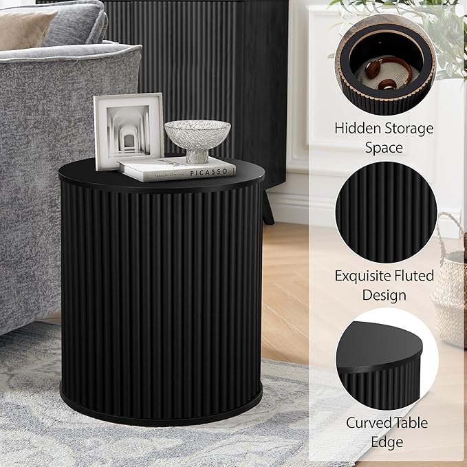AVZEAR Fluted Round Side Table with Storage, Small Mid Century End Table Fluted Nightstands, Modern Circle Bedside Tables Wood Night Stand for Small Spaces, Living Room, Bedroom (Black)-Ruum Studio Home