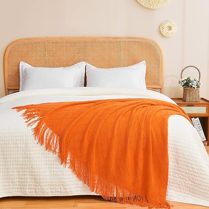 inhand Fall Throw Blanket Burnt Orange for Couch, Soft Living Room Home Decor Knitted Twin Size Blanket, Outdoor Lightweight Breathable Summer Blanket, Farmhouse Warm Woven Decorative, 60"x80"-Ruum Studio Home