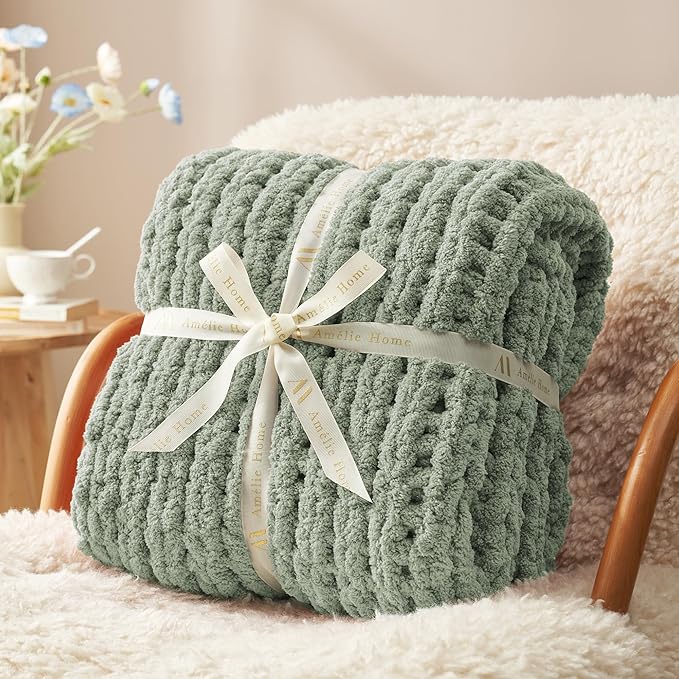 Amélie Home Chunky Knit Throw Blanket for Couch, Soft Chenille Crochet Blanket for Kids, 30"x40", Sage Green-Ruum Studio Home
