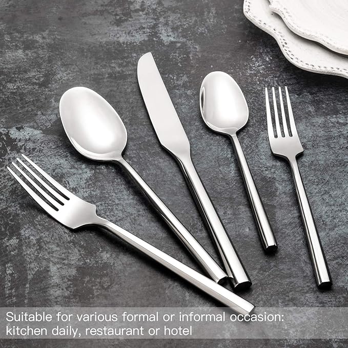 Hand Forged Stainless Steel Flatware Set Silverware Set Cutlery Set Hexagon Handle 5 Pieces Service for 1-Ruum Studio Home