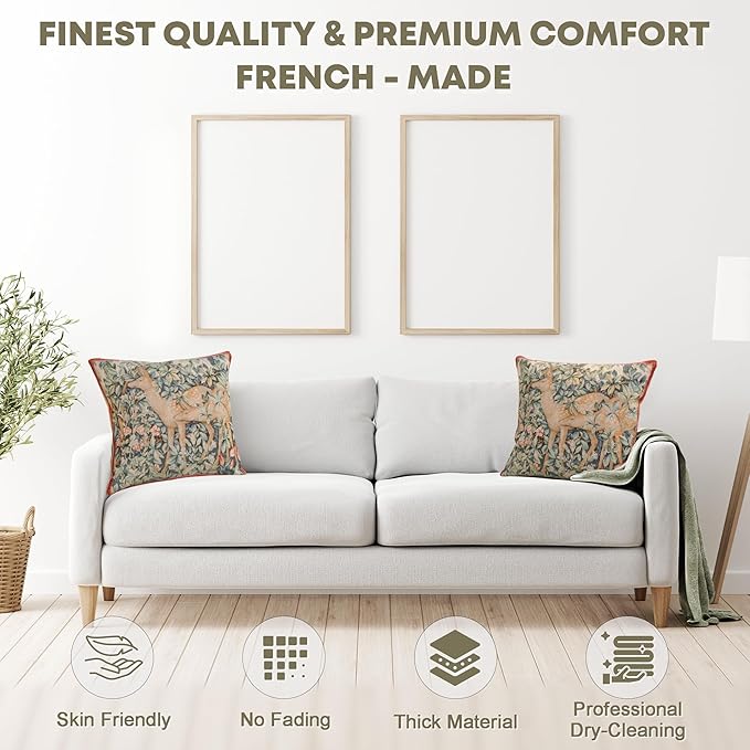 Charlotte Home Furnishings Decorative Tapestry Pillow Cover 14x14 in, Green Two Does Couch Throw Pillow Cover, French Country Square Cushion Cases for Bed Room Home Decor, Soft Cotton Jacquard Woven-Ruum Studio Home