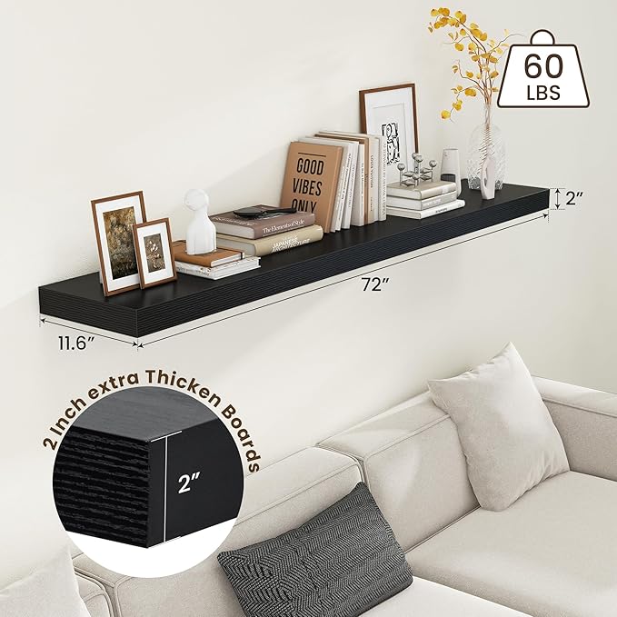 Black Floating Shelves for Wall - 72 Inch Wide x 12 Inch Deep Wall Shelves Set of 1 - Rustic Black Wood Shelves for Living Room, Bathroom, Laundry Room, Bedroom, Kitchen, Home Office-Ruum Studio Home