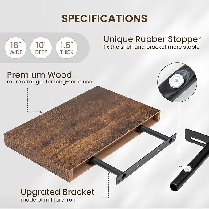 Fun Memories Wood Floating Shelves 16 Inch, 10 Inch Deep Shelves Wall Mount, Wall Shelves with Invisible Bracket, 16" Floating Shelves for Living Room Bathroom Bedroom, Rustic Brown, Set of 2-Ruum Studio Home