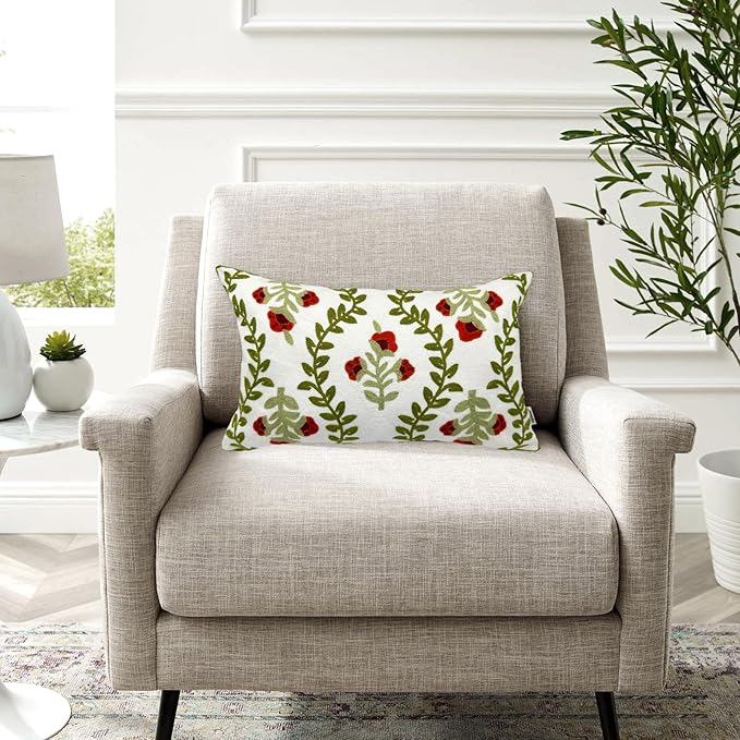Alysheer Floral Embroidered Summer Lumbar Decorative Throw Pillow Cover 12"x 20", Farmhouse Cottage Red Flowers Green Leaves Patterned Cotton Canvas Cushion Case for Sofa Couch Bed Living Room Decor-Ruum Studio Home