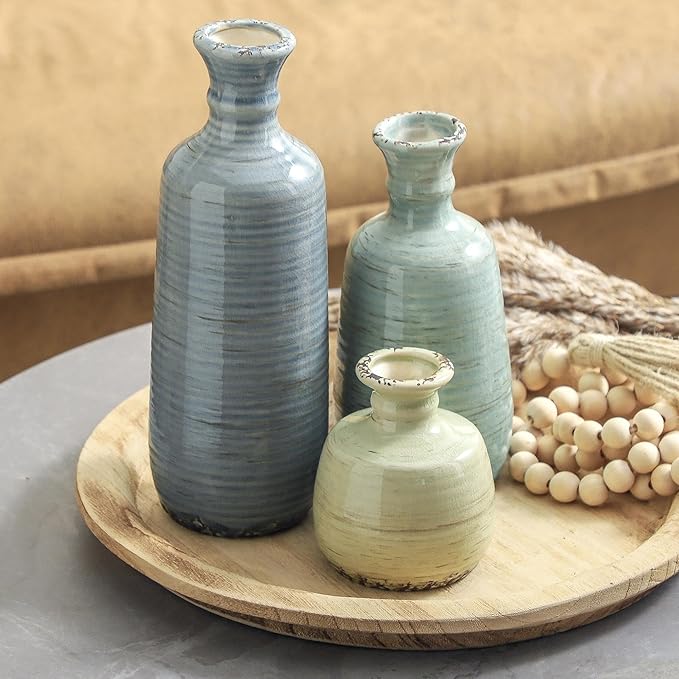 Ceramic Vase Set of 3, Rustic Neutral Vases Home Decor Farmhouse Decorative Flower Vase Modern Boho Pampass Vases for Table Mantel Entryway Shelf Living Room Kitchen Bathroom - Multicolor-Ruum Studio Home
