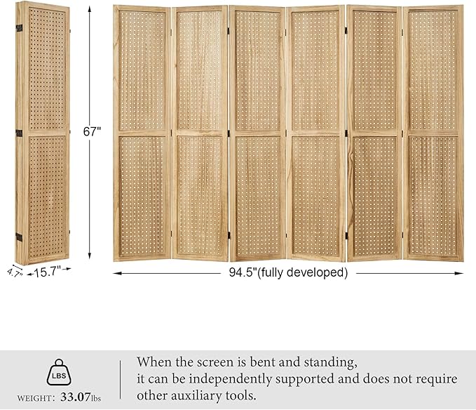 ‌Room Divider Freestanding Folding Pegboard Privacy Screen | 6-Panel Display Stand for Jewelry, Craft Shows, Retail | Natural Wood, Portable & Space-Saving Design-Ruum Studio Home