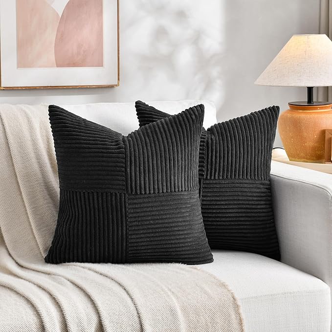 Fancy Homi 2 Packs Black Decorative Throw Pillow Covers 16x16 Inch for Living Room Couch Bed Sofa, Rustic Farmhouse Boho Home Decor, Soft Corss Patchwork Corduroy Textured Square Cushion Case 40x40 cm-Ruum Studio Home