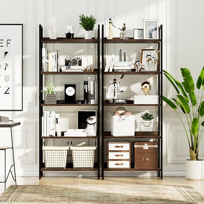 NUMENN Bookshelf, 5 Tier Bookshelves, Home Office Bookcase Shelf Storage Organizer, Free Standing Storage Shelving Unit for Bedroom, Living Room and Home Office, Dark Walnut-Ruum Studio Home