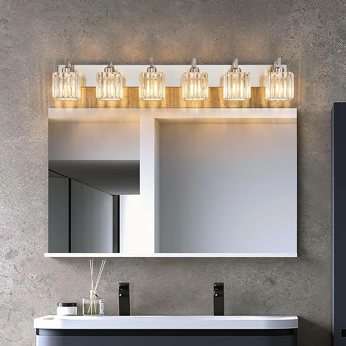 Modern Bathroom Vanity Light 6-Lights Brushed Nickel Vanity Light Crystal Wall Light Bathroom Light Fixtures-Ruum Studio Home
