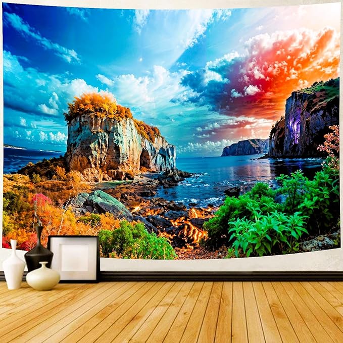 Delur Coastal Ocean Beach Tapestry Tropical Forest Tree Sunrise Sea Landscape Tapestry Wall Hanging Wave Sunset Nature Colorful Spiritual Headboard for Bedroom Living Room Home Decor (51.2" x 59.1")-Ruum Studio Home