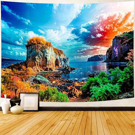 Delur Coastal Ocean Beach Tapestry Tropical Forest Tree Sunrise Sea Landscape Tapestry Wall Hanging Wave Sunset Nature Colorful Spiritual Headboard for Bedroom Living Room Home Decor (51.2" x 59.1")-Ruum Studio Home