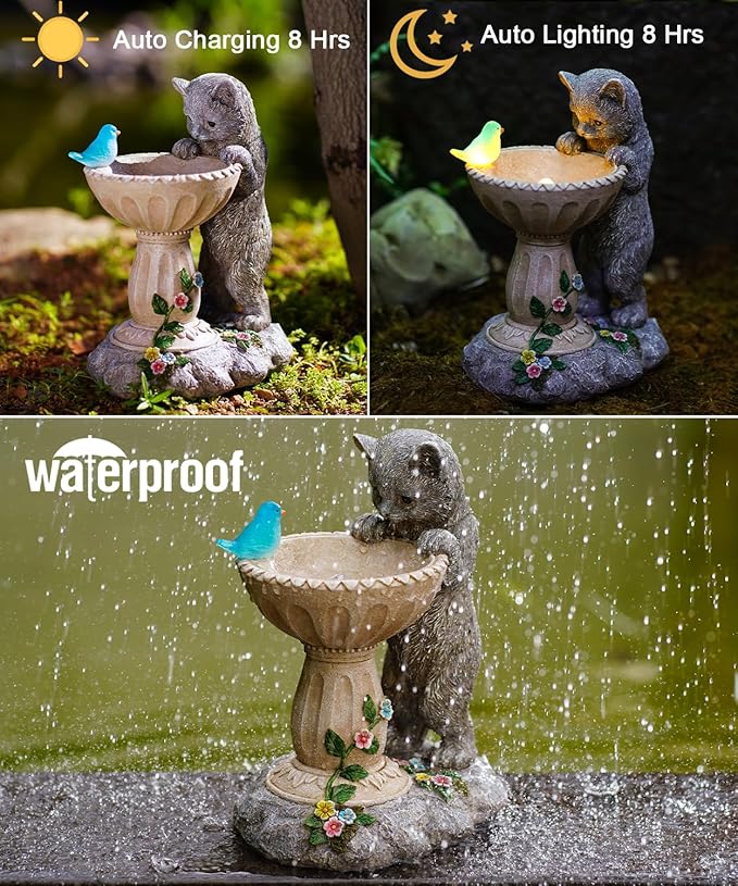 Nacome Solar Cat Birdbath Garden Decor: Outdoor Statues Ornaments for Outside Decorations Yard Art Lawn Porch Patio Balcony - Birthday Gifts Choice for Mom Grandma Women Lover-Ruum Studio Home
