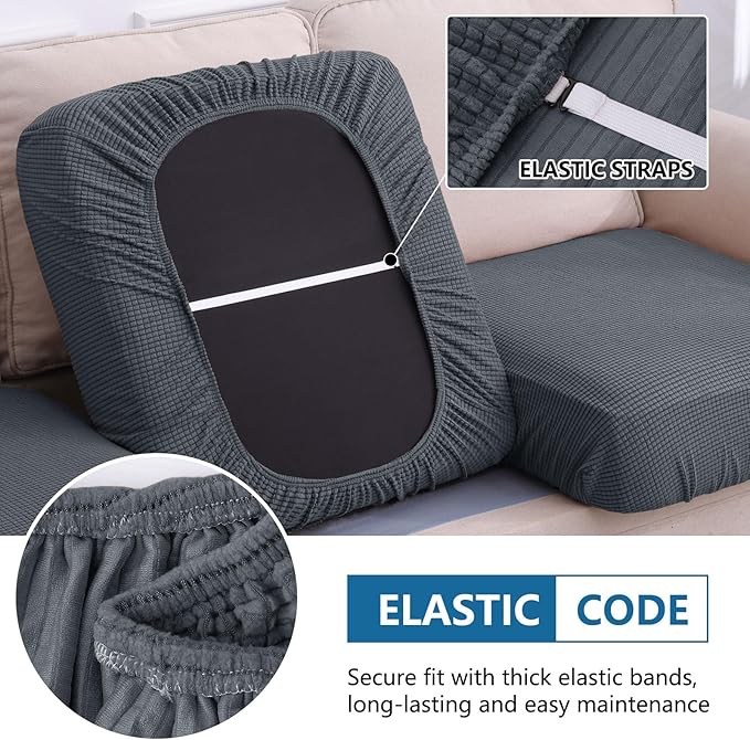 hyha Waterproof Couch Cushion Covers, Washable Sofa Cushion Slipcovers, Thick Stretch Jacquard Fabric, Couch Sofa Covers for Pets with Elastic Bottom (2 Pieces, Grey)-Ruum Studio Home