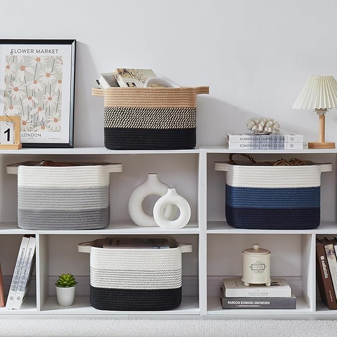 Storage Basket for Organizing, Woven Baskets for Storage, Rectangle Decorative Baskets for Shleves, Closet, Toys, Books, Nursery Organizer Bins - Pack of 3 (Gradient Gray)-Ruum Studio Home