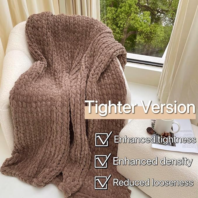 Maetoow Tighter Version Chenille Chunky Knit Blanket Throw （50×60 Inch）, Handmade Warm & Cozy Blanket Couch, Bed, Home Decor, Soft Fleece Banket, Boho Thick Blankets and Giant Yarn Throws，Brown-Ruum Studio Home