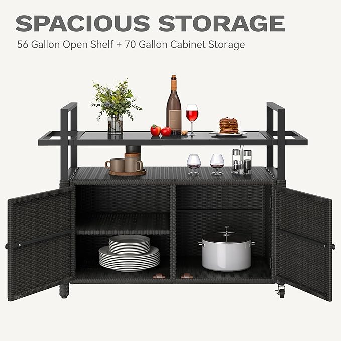 DWVO Patio Bar Table,Outdoor Kitchen Island with Glass Top,Rattan Patio Storage Cabinet with Wheels,Bar Cart for Poolside and Backyard,Black-Ruum Studio Home