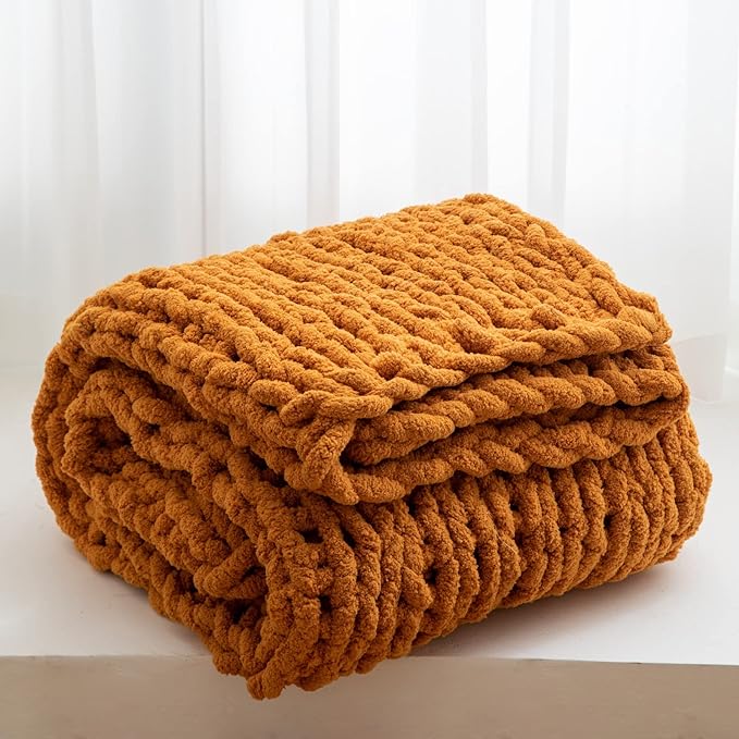 WESHIONGOO Chunky Knit Blanket Throw 50"×60" Knitted Throw Blankets for Couch Bed Fall Throw Blanket Fluffy Soft Blanket with Jumbo Chenille Yarn Thick 100% Handmade (Burnt Orange)-Ruum Studio Home