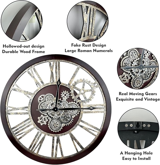 The B-Style Large Real Moving Gears Wall Clock 30 inch Rustic Retro Industrial Farmhouse Wood Clock Oversized Decorative Vintage Wall Clocks for Living Room (Cherry red and Bronze-Ruum Studio Home