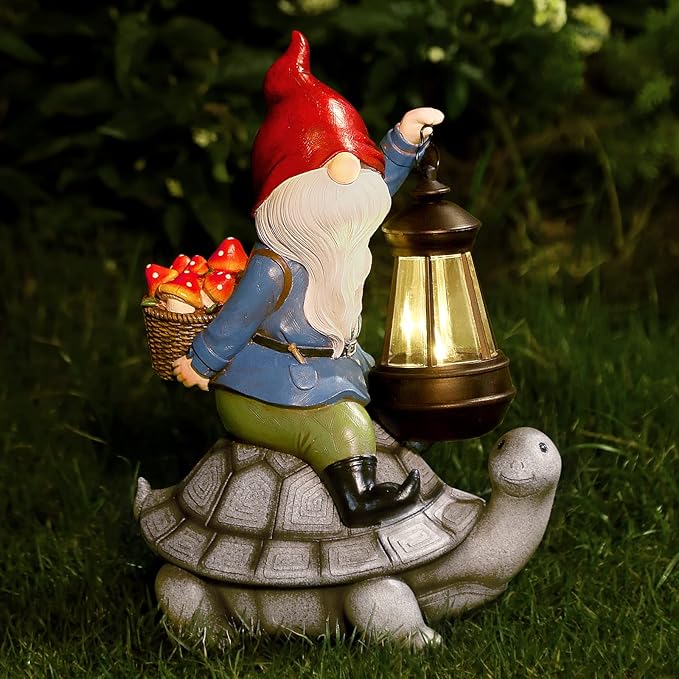 Gnome and Turtle Garden Decor, Large Outdoor Garden Sculptures & Statues, Outside Patio Yard Lawn Decorations, Housewarming for Women, Mom, Grandma with Solar Lantern-Ruum Studio Home