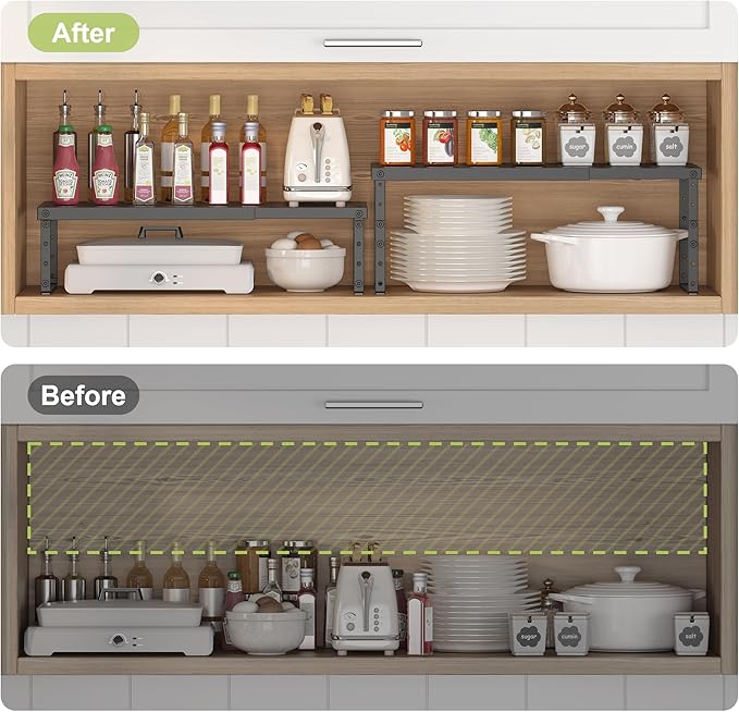 Expandable Cabinet Organizer Shelf With Adjustable Height, Stackable Kitchen Countertop Organizer Rack, Adjustable Shelf Riser For Kitchen Counter, Pantry, Cupboard, Desk, Tabletop-Ruum Studio Home