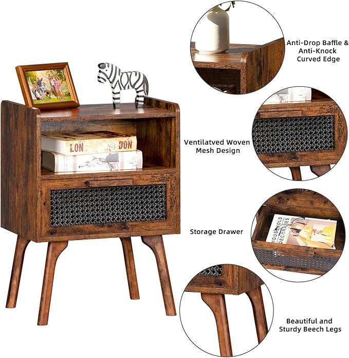 Lerliuo Rattan Nightstand, Boho Side Table with Drawer Open Shelf, Cane Accent Bedside End Table with Solid Wood Legs for Bedroom, Dorm and Small Spaces (Brown)-Ruum Studio Home