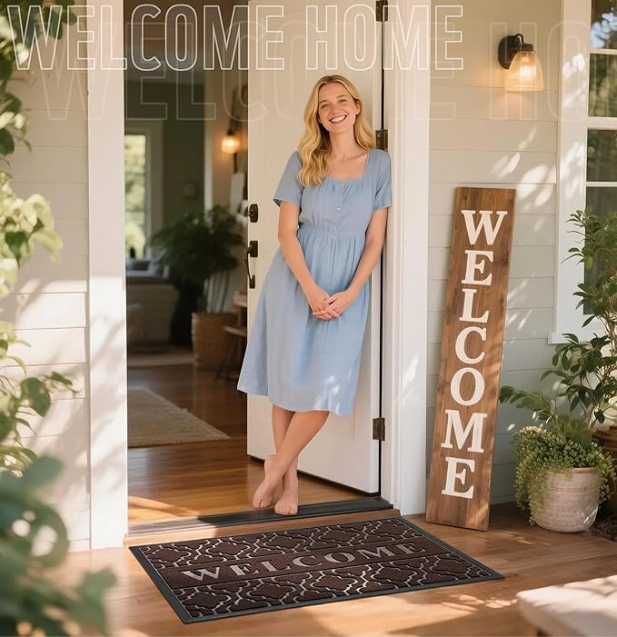 Yimobra Welcome Mat Outdoor Indoor, All-Season Waterproof Front Door Mat Outside Entrance, All-Weather Heavy Duty Non-Slip Doormat, Low Profile Porch Patio Entrance Mats, 36x24, Brown-Ruum Studio Home