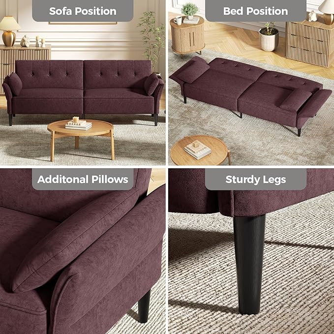 89” Futon Sofa Bed, Velvet Fabric Comfy Futon Couch Bed with 2 Square Pillows, Convertible Sleeper Sofa with Adjustable Backrest& Armrests, Modern Loveseat Sleeper for Living Room, Burgundy-Ruum Studio Home