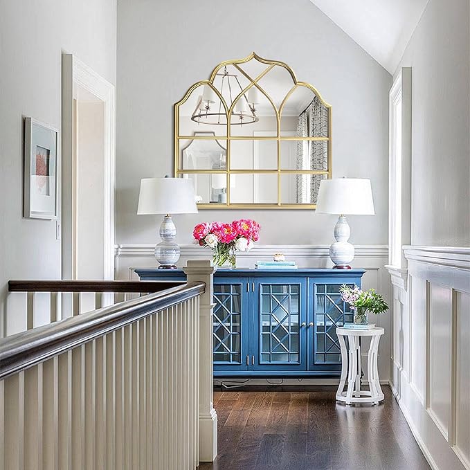 Window Mirror Pane Scalloped, Wide Arched Gold Mirrors Decorative, Cathedral Arch Wall Decor with Metal Windowpane Grid for Mantle Entryway Fireplace Hallway Living Room-Ruum Studio Home