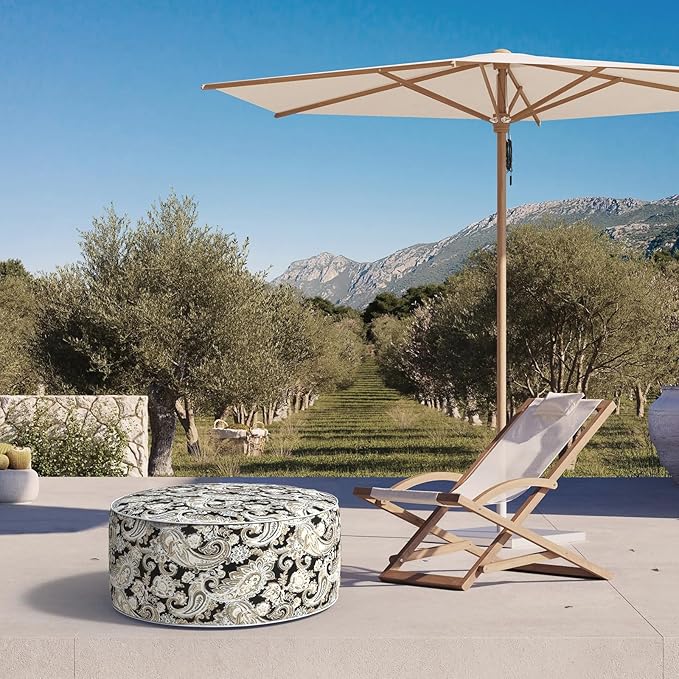 Inflatable Ottoman Stool D31 xH14 for Outdoor/Indoor Use, Water Repellent Patio Foot Rest Stool with Portable Handle,Round Pouf Ottoman Suitable for Garden,Deck and Camping - Paisley Black-Ruum Studio Home