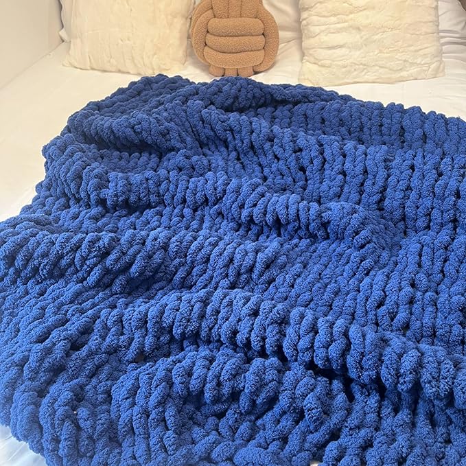 Chunky Knit Blanket Throw 48"x71", Chenille Throw Blankets, Handmade Warm & Cozy Blanket Couch Bed Home Decor, Soft Breathable Fleece Banket, Christmas for Couch Bed Sofa Best Gift (Navy Blue)-Ruum Studio Home