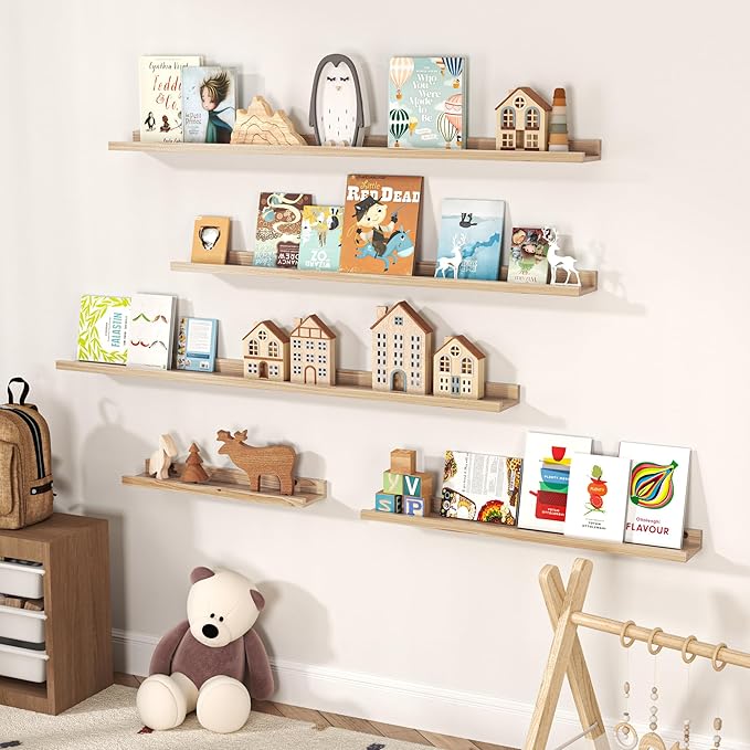 Floating Shelves for Wall, Picture Ledge Shelf 24 Inch Solid Wood Set of 2, Rustic Wall Shelves with Lip, Kids Bookshelf, Photo & Picture Live Edge Floating Shelves for Bedroom, Living Room, Kitchen-Ruum Studio Home