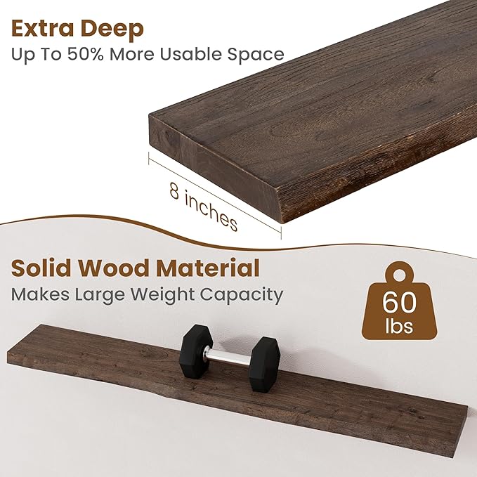 Floating Shelves for Wall Decor, Rustic Solid Elm Wood Live Edge Floating Shelves Wall Mounted, Wall Shelves with Invisible Bracket for Living Room Bathroom Bedroom Kitchen, 48 Inch, Walnut-Ruum Studio Home