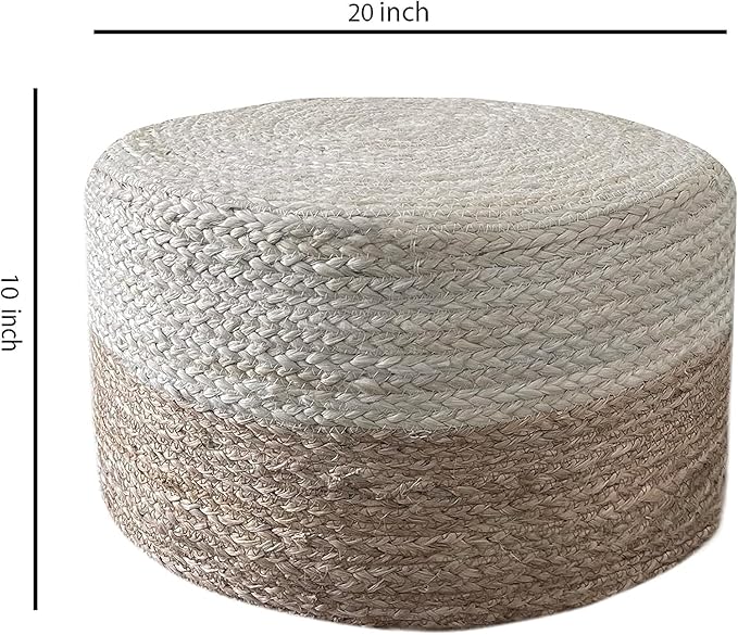 Jute Pouf Ottoman | Footrest Pouf | Hand Braided - Round Boho Pouffe - for Living Room, Bedroom, Nursery (20"x20"x10") Ivory-Ruum Studio Home