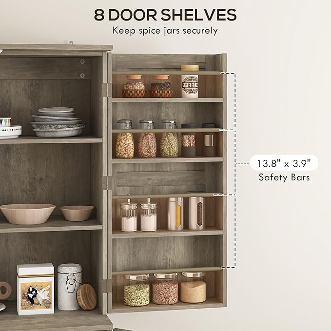 HOMCOM 72" Farmhouse Kitchen Pantry Cabinet, Freestanding Tall Storage Cabinet with 4 Barn Doors, 4 Adjustable Shelves and 8 Door Shelves, Gray Wash-Ruum Studio Home